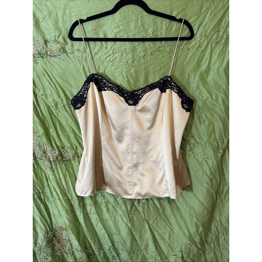 Vintage Y2K Camisole‎ Dana Bachman 100% Silk Gold Black Lace Trim Plus Size 16